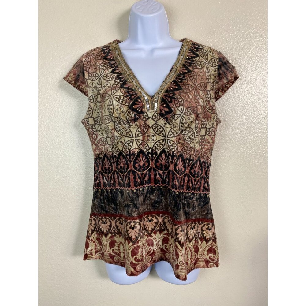 Karen Kane Velvet Boho Chic V-Neck Cap Sleeve Top Sequin Trim Size Large Artsy